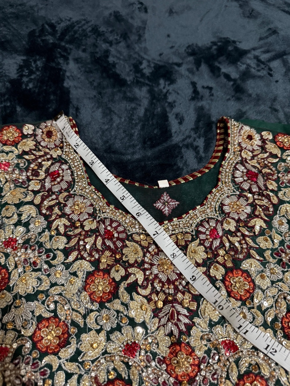 Salwar Kameez Embroidered Green Tunic with Maroon Dupatta - Picture 11 of 16